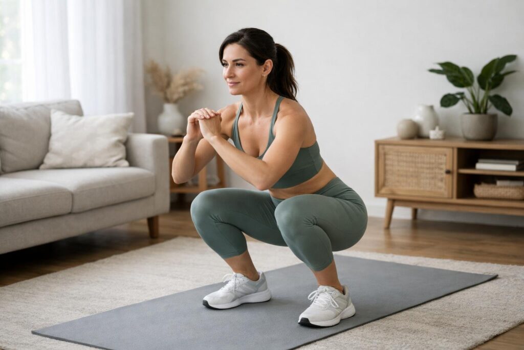 Mujer haciendo sentadillas en casa sobre una esterilla